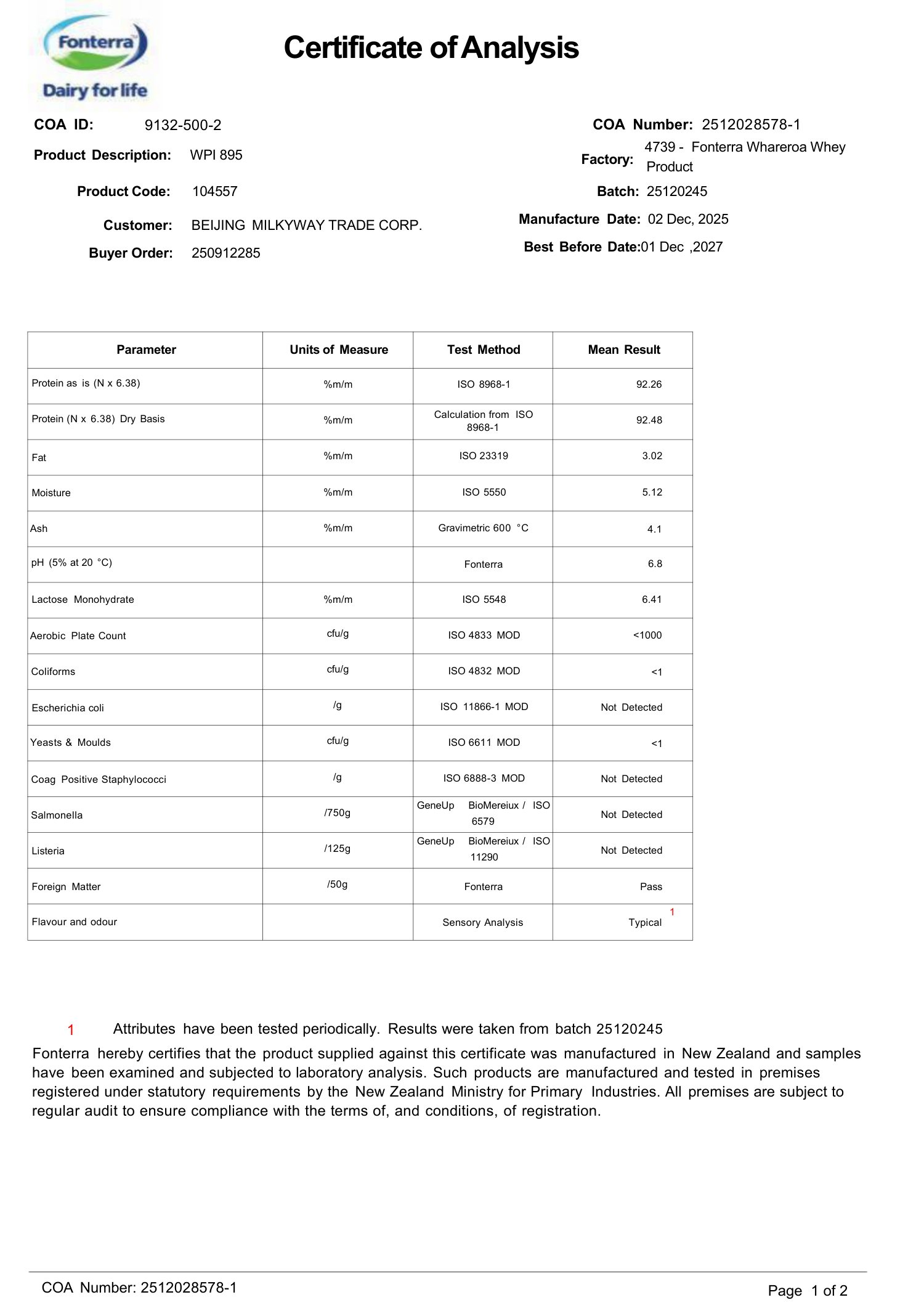 Fonterra Certificate of Analysis — WPI 895