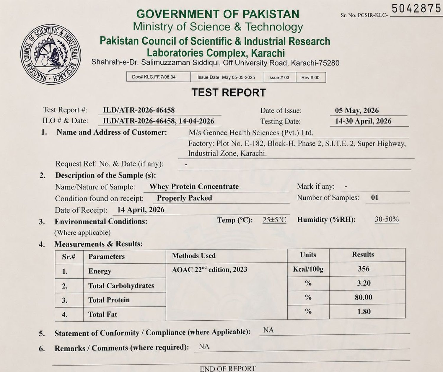 PCSIR Test Report — Whey Protein Concentrate